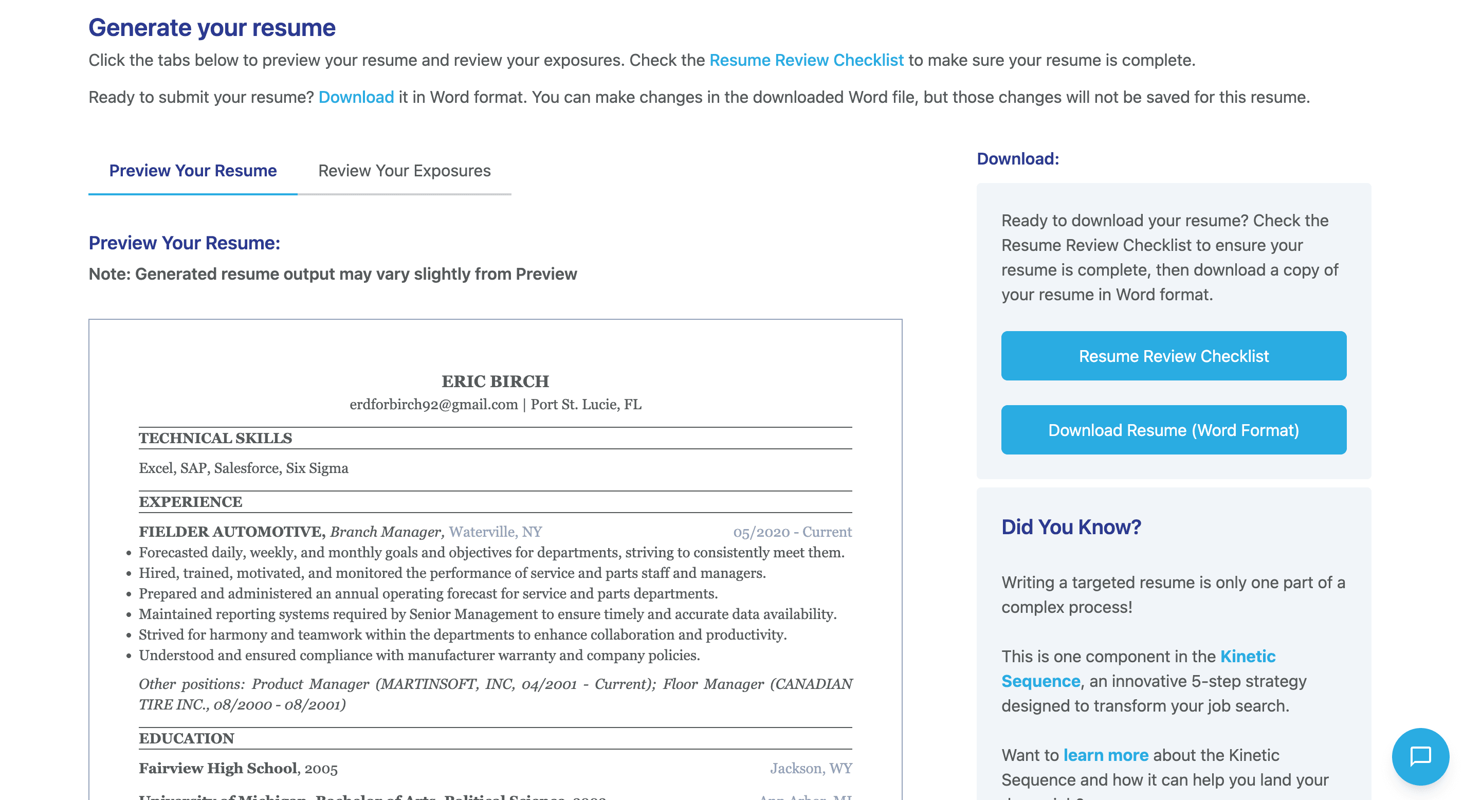 The resume generation screen, previewing a completed resume ready to download