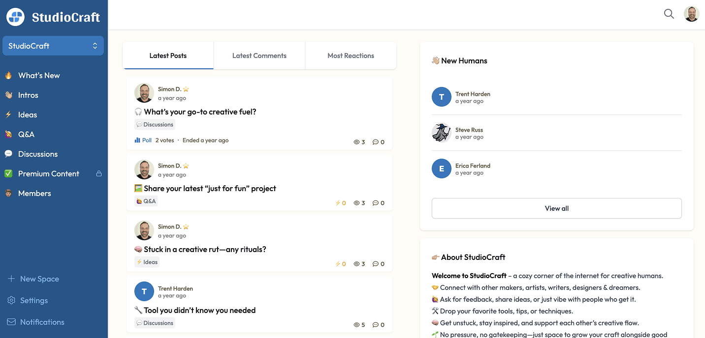 A community dashboard showing discussion threads, spaces, and members