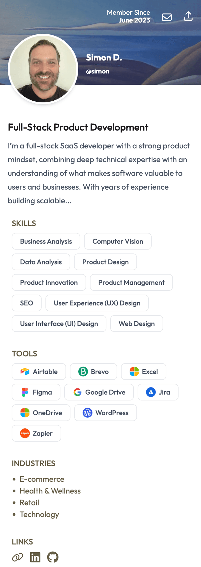 A member profile on mobile
