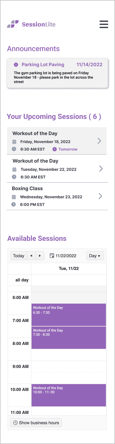 The member session hub on mobile