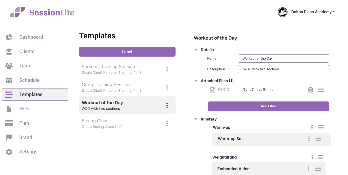 The session-template builder, with attached files and structured itinerary